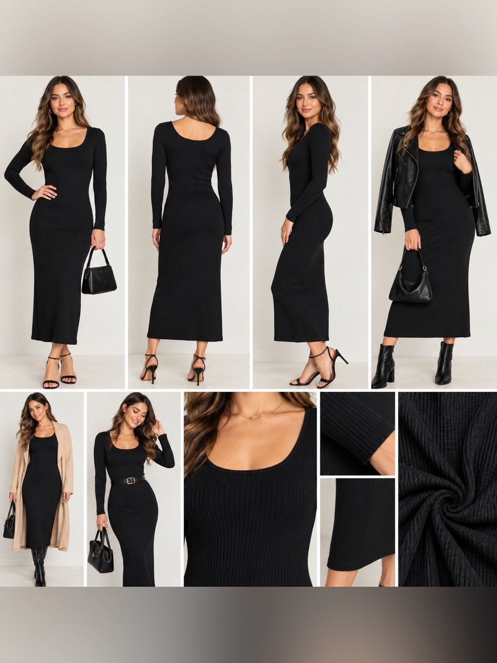 A New Day Black Ribbed Long Sleeve Stretch Midi Dress NWT S